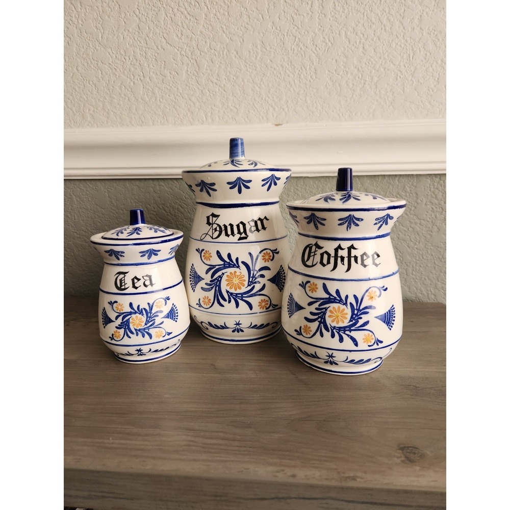 Royal Sealy Heritage Kitchen Canister Set+Lids 3 Pc 1950s Coffee Tea Sugar READ